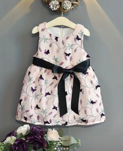 Girls Sleeveless Crew Neck Butterfly And Flowers Graphic Princess Dress For Party Kids Summer Clothes