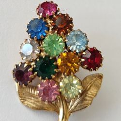 Vintage 12 Stone Rhinestones Spray Multicolor Brooch In Goldtone