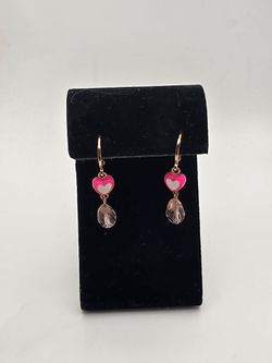 Pink Heart Drop Earrings with Crystal Teardrop