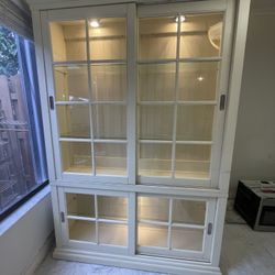 China Cabinet With Sliding Glass Doors And Glass Shelves - With Working Lights - Some Minor Chips In Interior Shelves