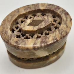 Vintage Lidded Carved Soapstone Trinket Box Made in India 2.25"x2"