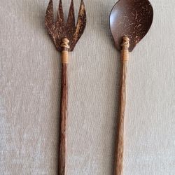 Coconut Shell Fork & Spoon Set, Women's Work Salad Servers, Coconut and Wood Utensil Set