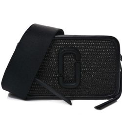 Mark Jacobs Calfskin Straw Small The Woven Snapshot Camera Bag Black NWT