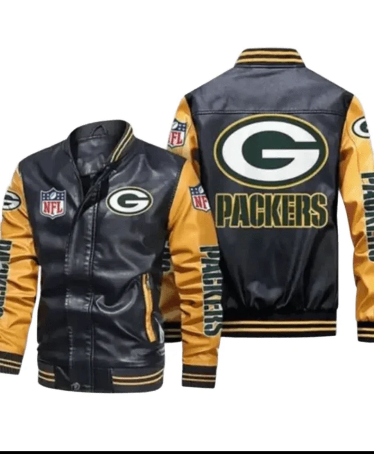 Mens Green Bay Packers Leather Jacket, Sticker Patch