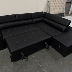New! Contemporary Black Sectional, Black Faux Leather Sofa, L-Shaped Sofa With Pull-out Bed, Sofabed, Sectional Sofa Bed, Black Couch, Leatherette Sof