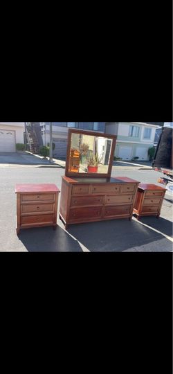 Wood Dresser with Mirror and Two Nightstands