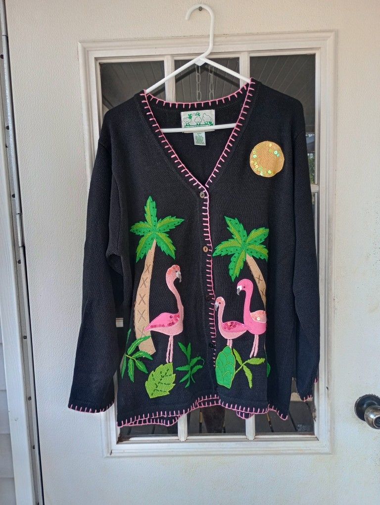 The Quaker Factory Vintage 90s Womens Large Flamingo Palm Tree Knit Cardigan 