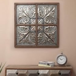 42” Wood and Metal Damask Wall Decor