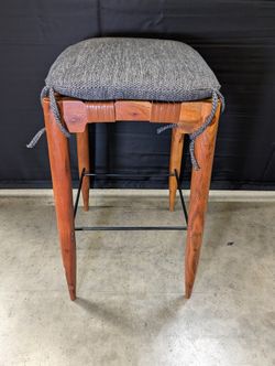 Artisan Crafted Wood and Woven Leather Bar Stool with Fabric Cushion