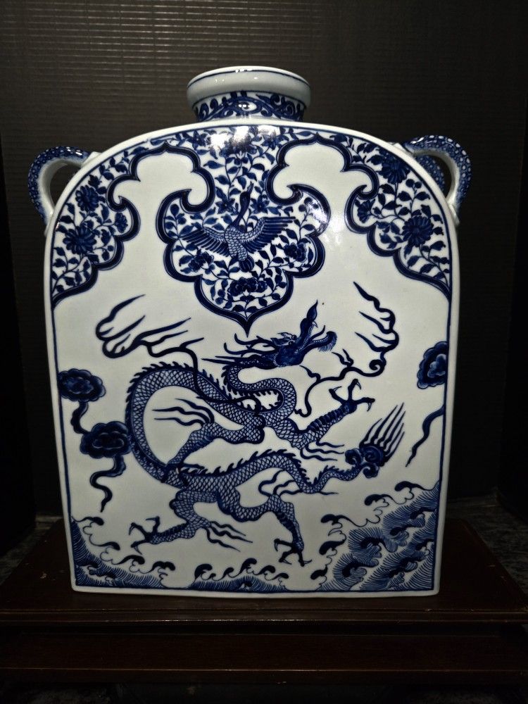 Antique Chinese Blue&White Porcelain Fengshui Dragon Statue Vase Bottle 14.5"×11"