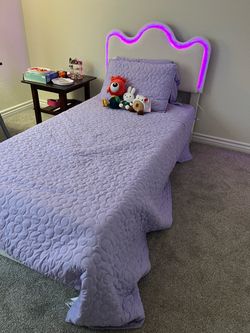 Twin Bed Frame with LED Wavy Headboard and mattress included
