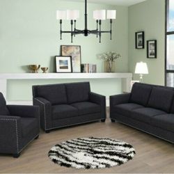 Brand New Charcoal Gray Linen Fabric Nail Studded Sofa Loveseat & Chair 