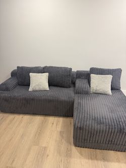 Grey Corduroy Sectional Sofa with Chaise