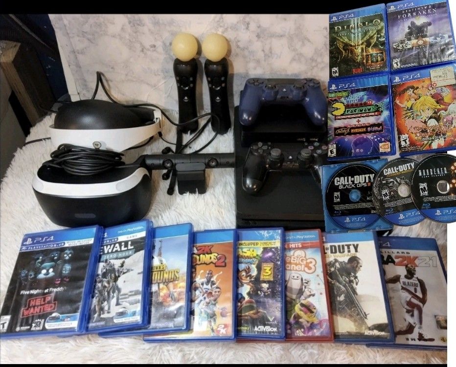 PlayStation Slim 4 PS4 bundle 1TB, PS VR Headset, Controllers camera WHOPING 18 games Lot