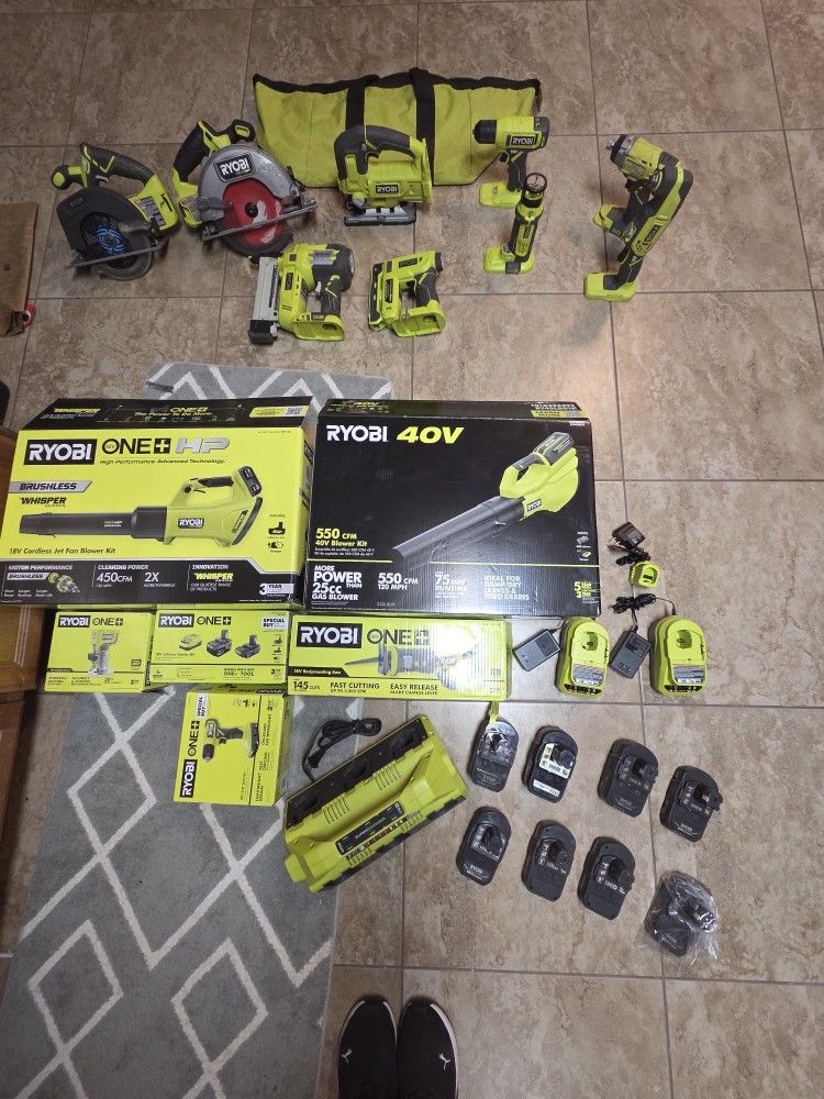 RYOBI TOOLS LOT , BATTERY, CHARGER, 40V ONE PLUS HP AND ONE PLUS