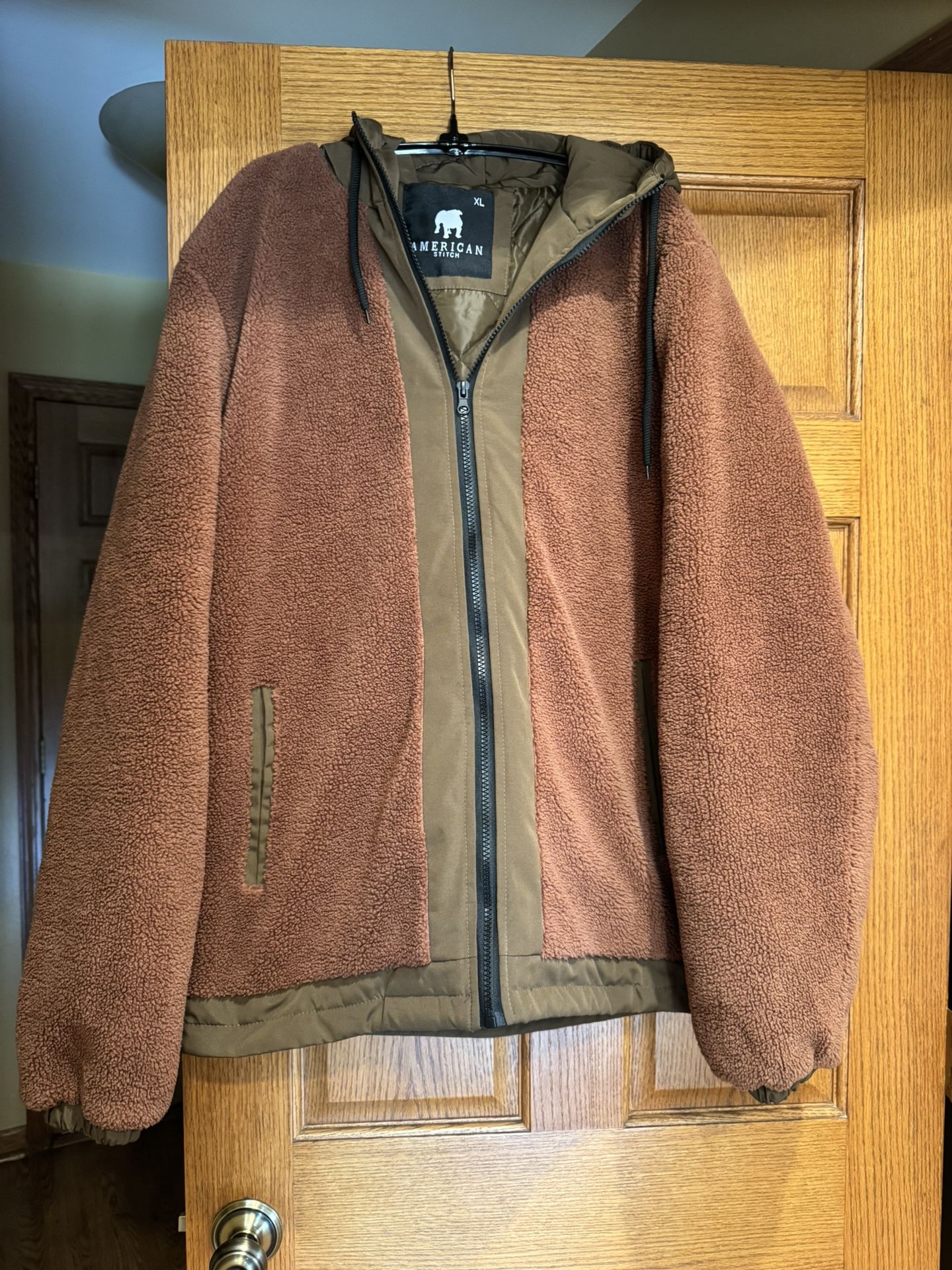 American Stitch Zipper/Hooded Brown Fleece Jacket Sz XL