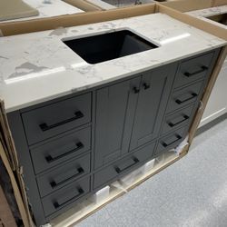 Bathroom vanity cabinet 48” solid mango Quartz top with sink and backsplash 