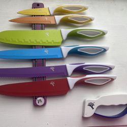 Colorful Kitchen Knife Set with Knife Sharpener & Magnetic Wall Holder