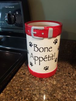 Bone Appétit Ceramic Utensil Holder - Red and White With Black Paw Print Accents