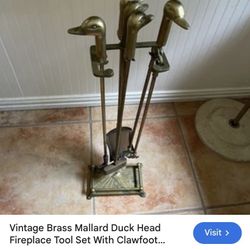 Vintage Brass Mallard Head Fireplace Set