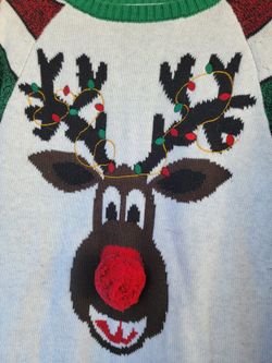 ugly christmas sweater, small reindeer with fluffy red nose rudolf 