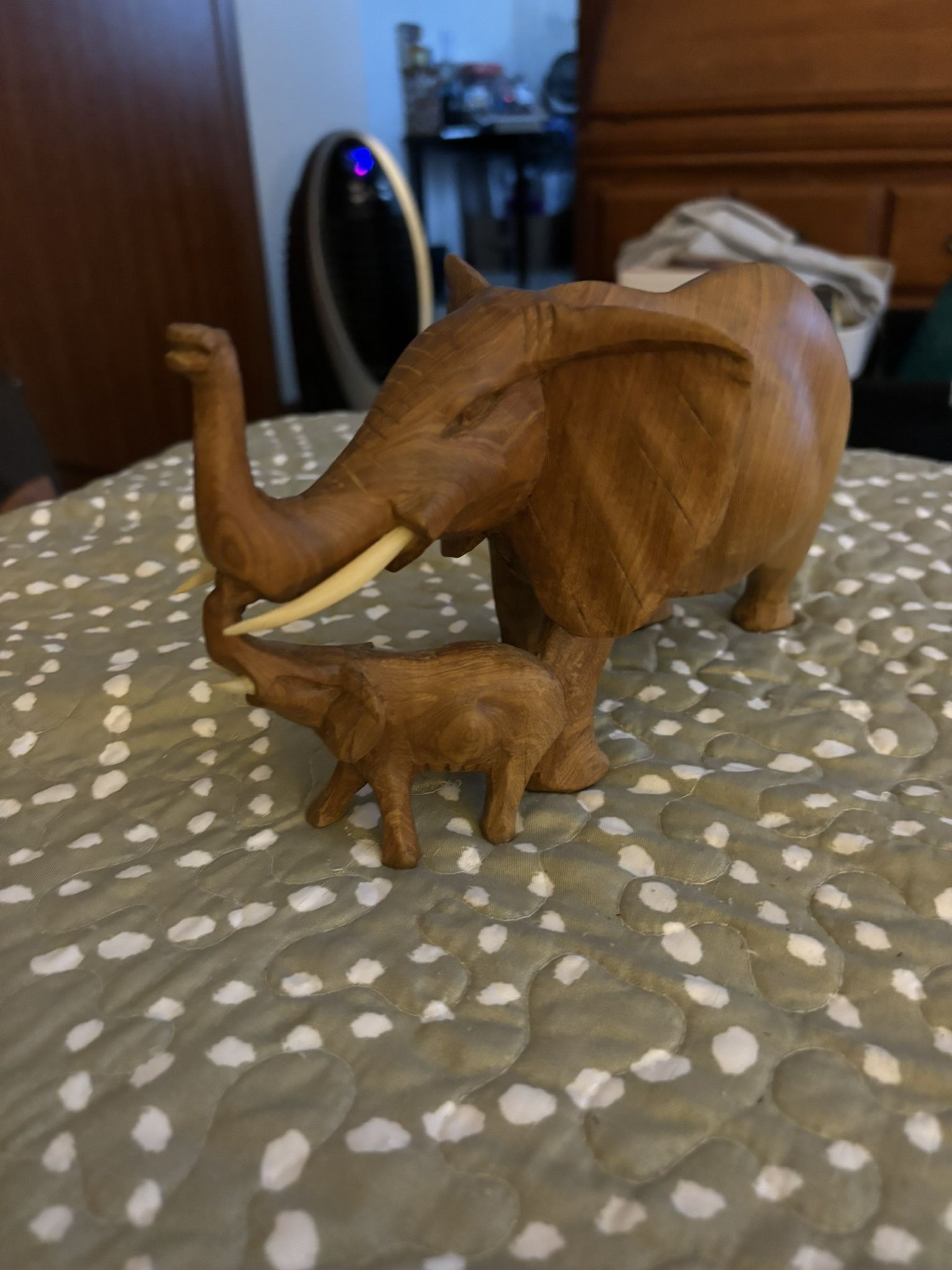 Vintage Wooden Carved Elephant Mom & Baby Figurine