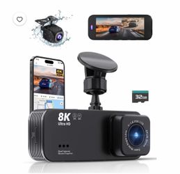 Dash Cam with dual front and rear cameras, 8K Ultra HD, built-in Wi-Fi and GPS, enhanced night vision, and a 32GB memory card.