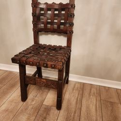 Antique Handcrafted Solid Oak And Leather Dining Chair