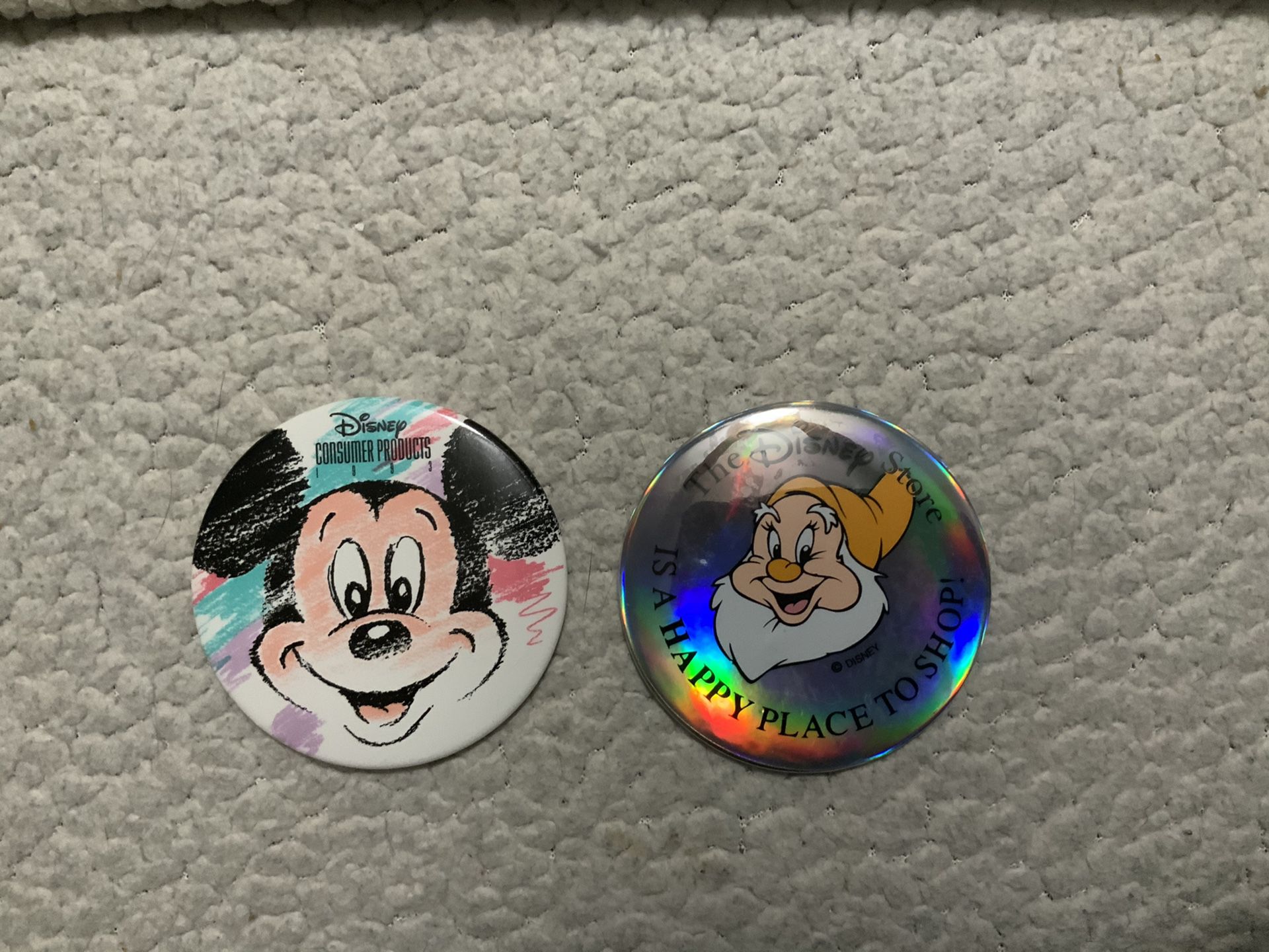 NEW Disney Consumer Productsin 1993 Button AND The Disney Store Is A Happy Place To Shop Button ( EXCELLENT CONDITION)