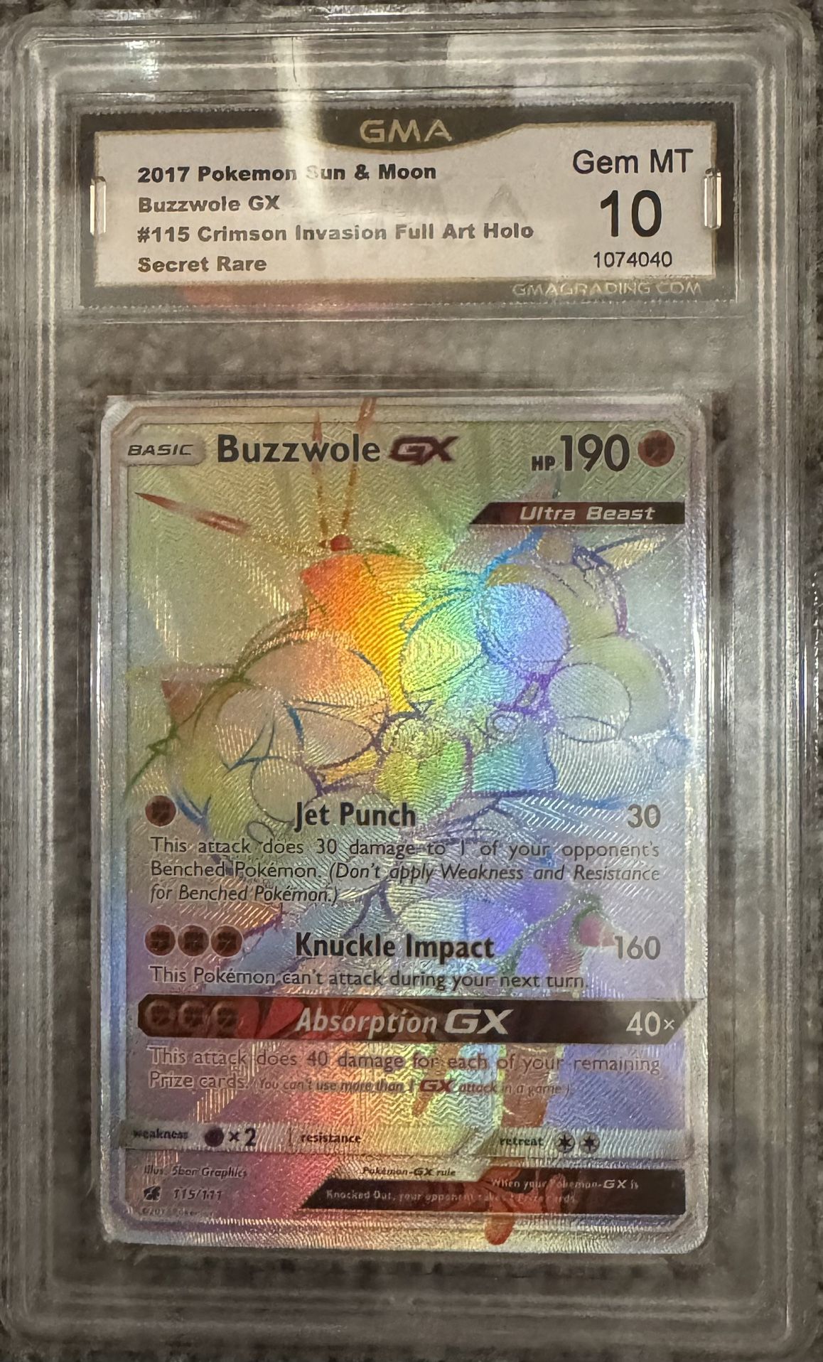 Buzzwole GX 115/111 Rainbow GMA 10 Pokemon Crimson Invasion Secret Rare