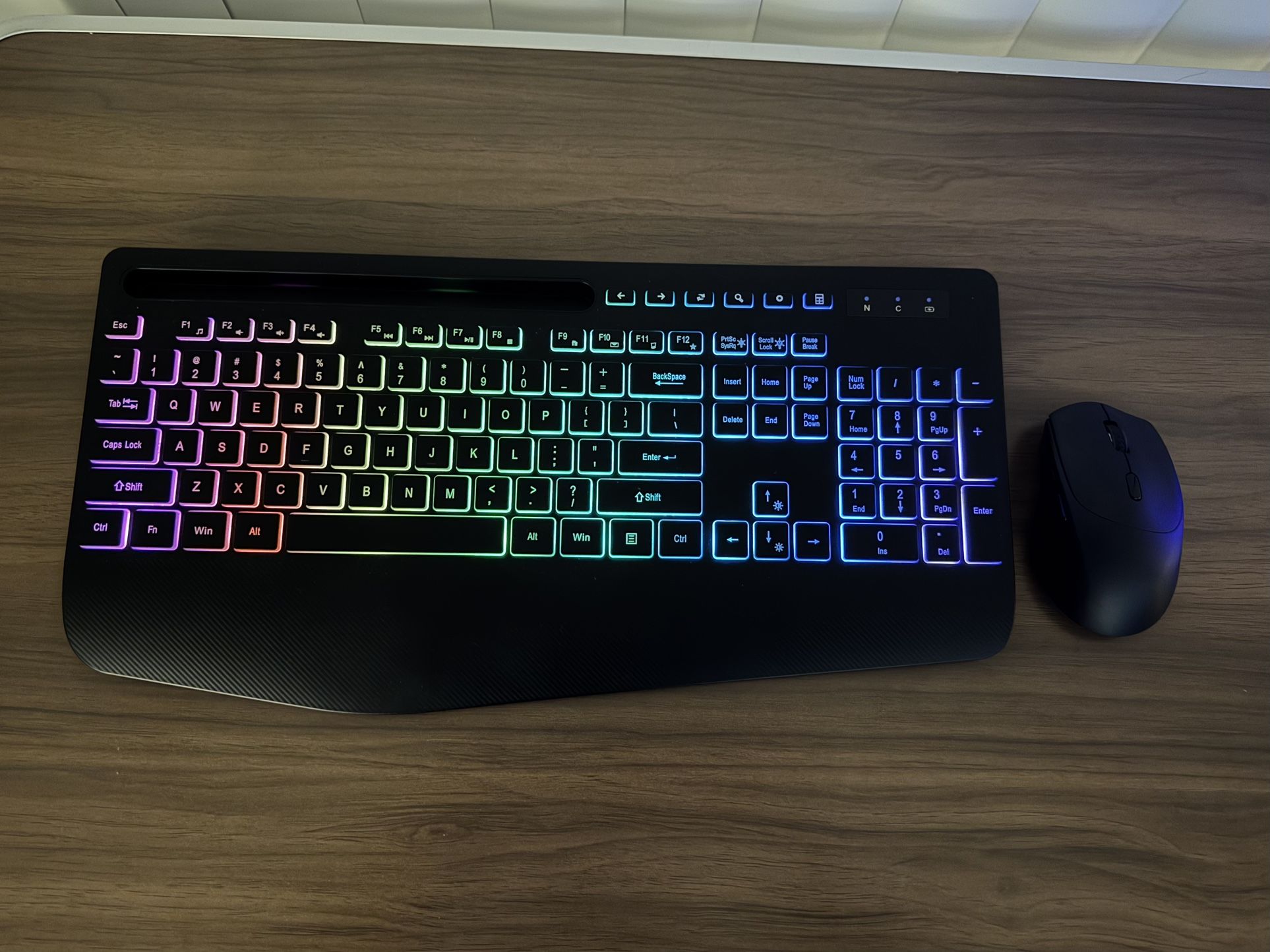 Wireless Keyboard And Mouse Combo - 9 Backlit Effects, RGB, Ergonomic Wrist Rest, Phone Holder, 2.4G Full Size, Rechargeable, Sleep Mode, Quiet Keyboa