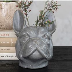 7.25 Inches Stoneware French Bulldog Head Vase with Reactive Glaze, Gray