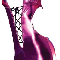 Hot Pink Medium Shiny Metallic Teddy Babydoll One Piece High Cut Lingerie Babydoll Lace Up Backless Chemise Nightgowns