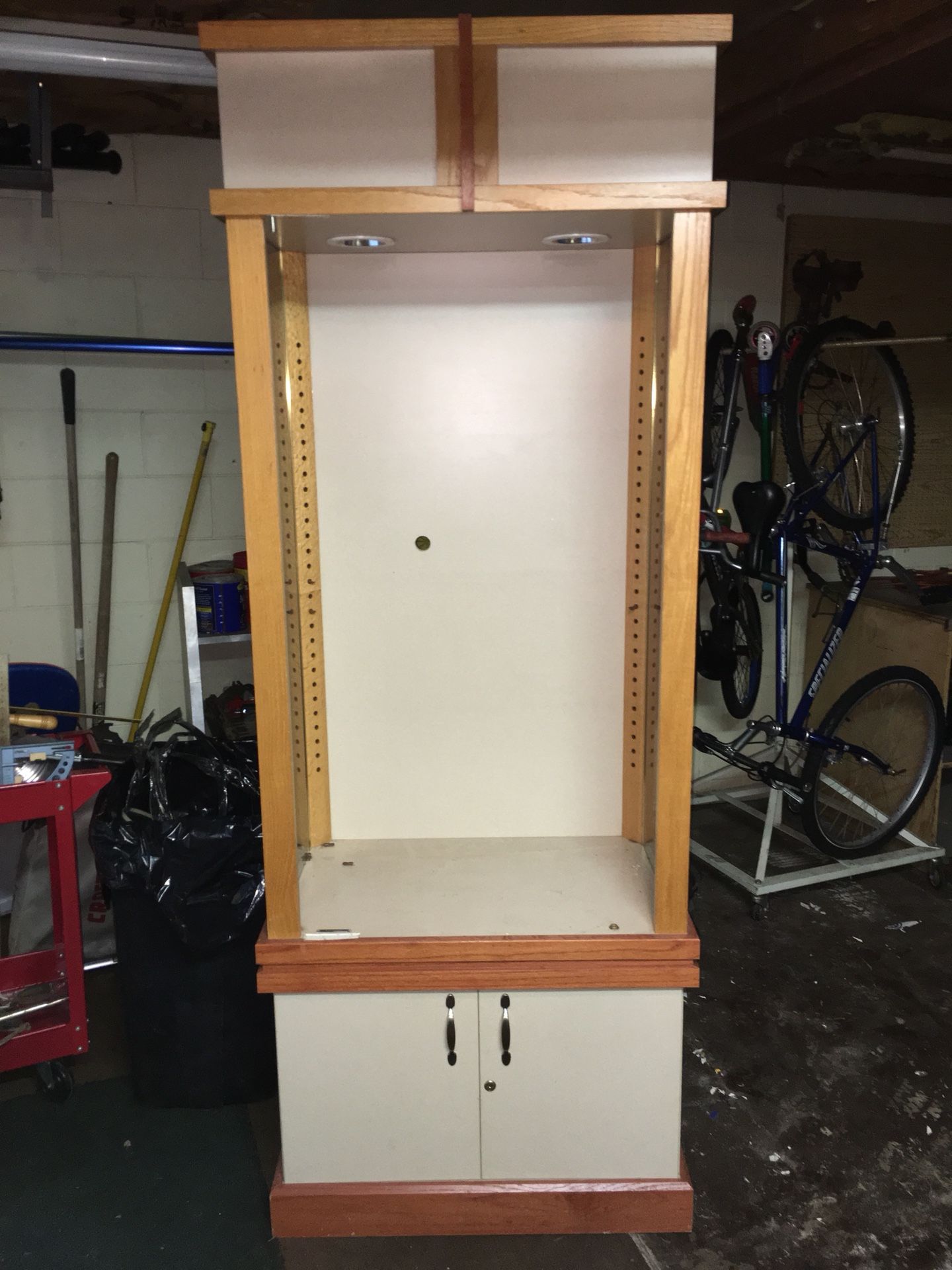 Lighted , wood and glass display cabinet- free