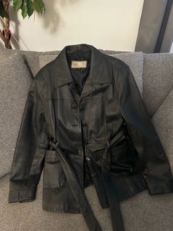 90’s Black Leather Belted Button-Up Jacket