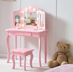 Kids Vanity with Lights, Princess Makeup Vanity Desk with Mirror and Stool