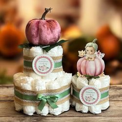 2 Pink Pumpkin Baby Shower Diaper Cakes 