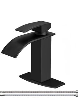 BESy Black Waterfall Bathroom Faucet, Single Hole 1 Hole 3 Holes Single Handle Bathroom Sink Faucet, Vanity Faucet with 6 Inch Deck Plate,