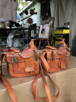 Vintage western Tooled Brown Leather & Sheepskin Saddle Crossbody Hand clutch Bags 