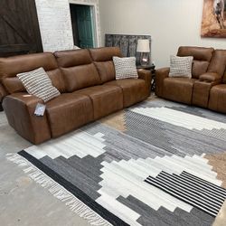 Genuine Leather Brown Reclining Sofa Set