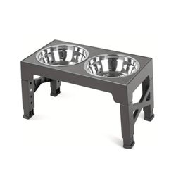 Grey Adjustable Raised Elevated Bowl stand Pet Feeder 2 Stainless Steel Bowls