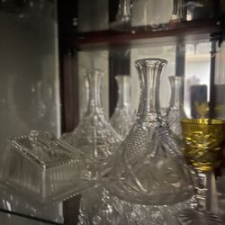 Collection of Vintage Crystal Bells, Decanters, and Glassware