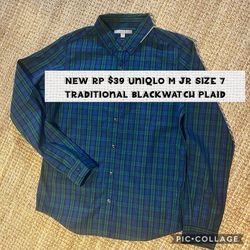 Sz M women’s UNIQLO NEW  button down preppy shirt, blue green black plaid, called black, watch plaid traditional English