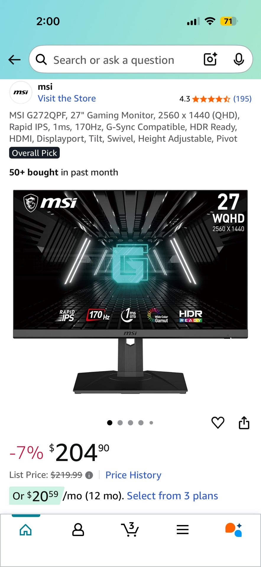 MSI G272QPF 27” Gaming Monitor