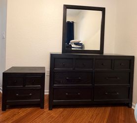 Dark black Dresser, Beveled Mirror, (1) Night Stand