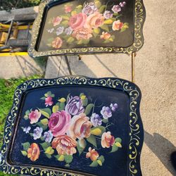 Vintage Tole Metal Trays with Floral Painting