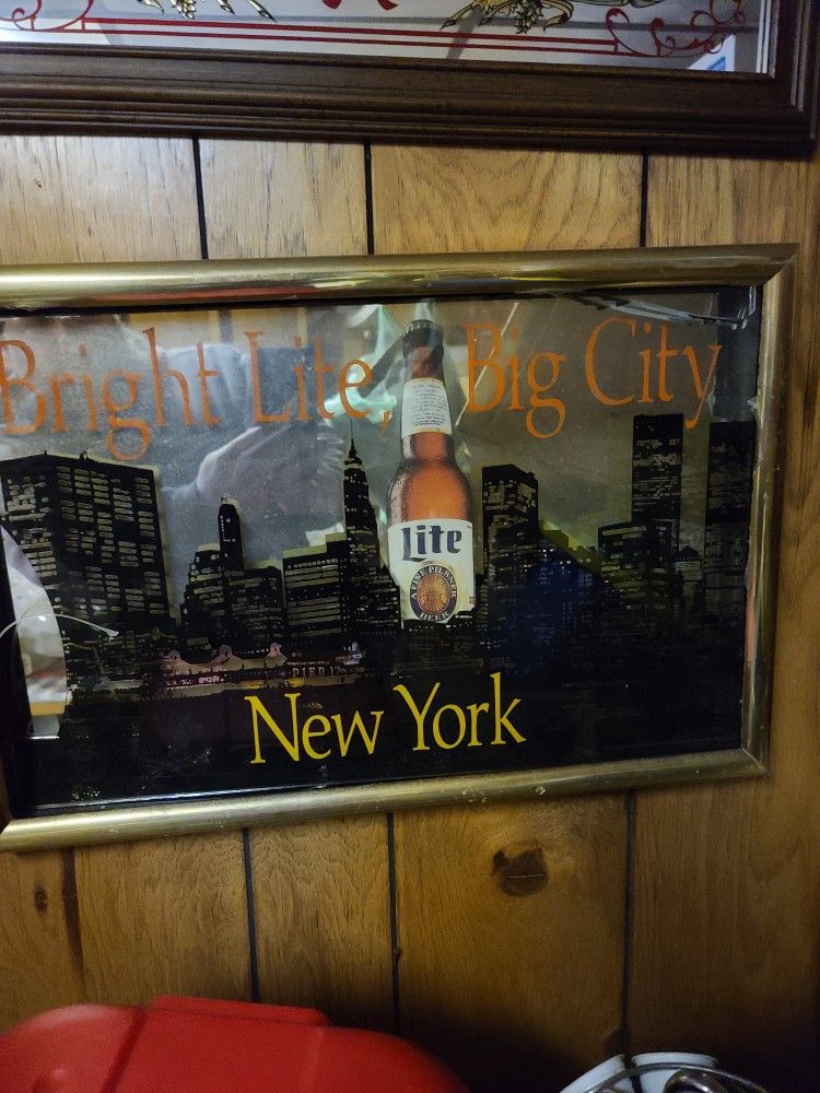 Vintage Miller Lite NYC Glass Mirror Framed Picture Sign New York World Trade