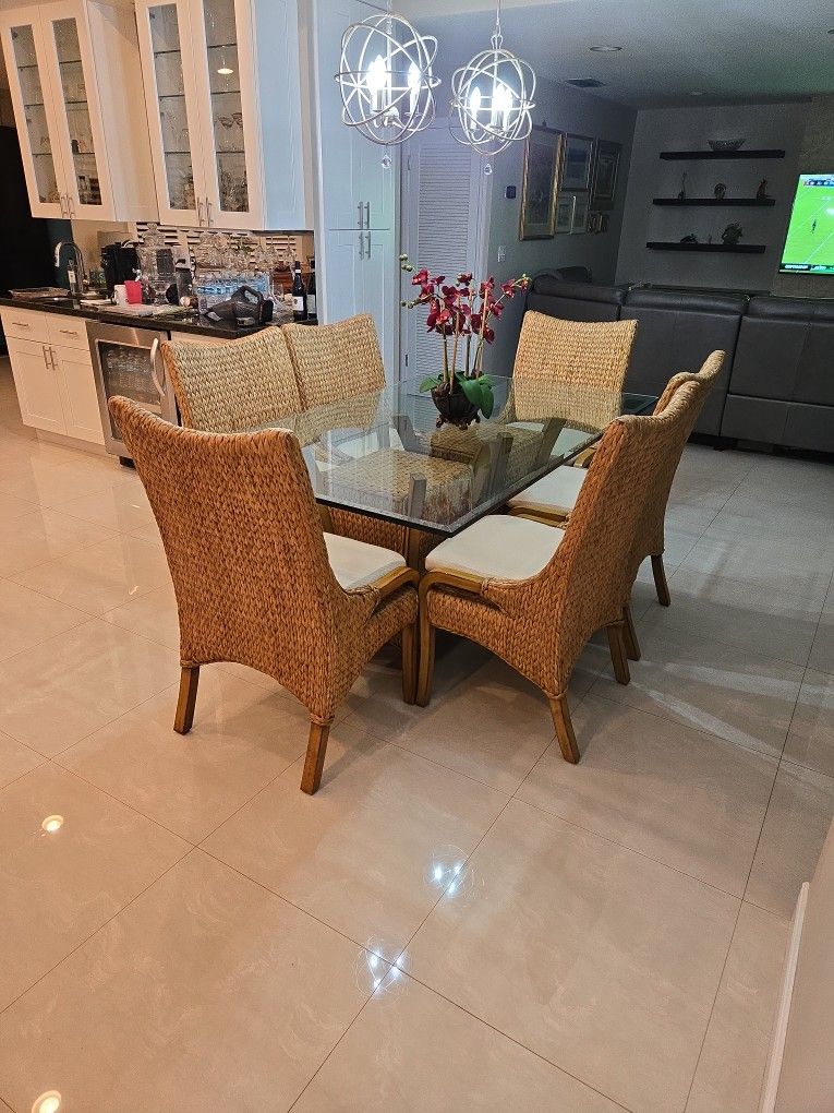 6 Seagrass Chairs, 2 Pedestals, 6ft Glass Table