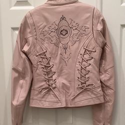 Harley DAVIDSON WOMENS MOTORCYCLE JACKET  PINK  SIGNED ON ARM LACES  Rare Mint,  Small