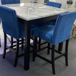 5 Pc Dining Table Set With Blue Chairs , Counter Height 